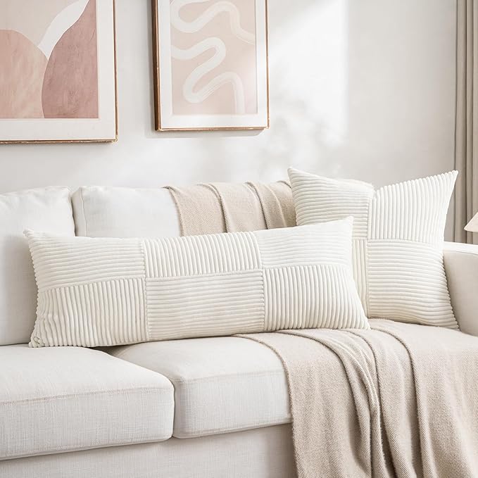Fancy Homi Set of 2 Cream White Boho Long Lumbar Body Decorative Throw Pillow Cover 14x36 Inch for Bed Couch Bedroom Bench, Soft Patchwork Corduroy Textured Pillow Case, Rustic Farmhouse Room Décor