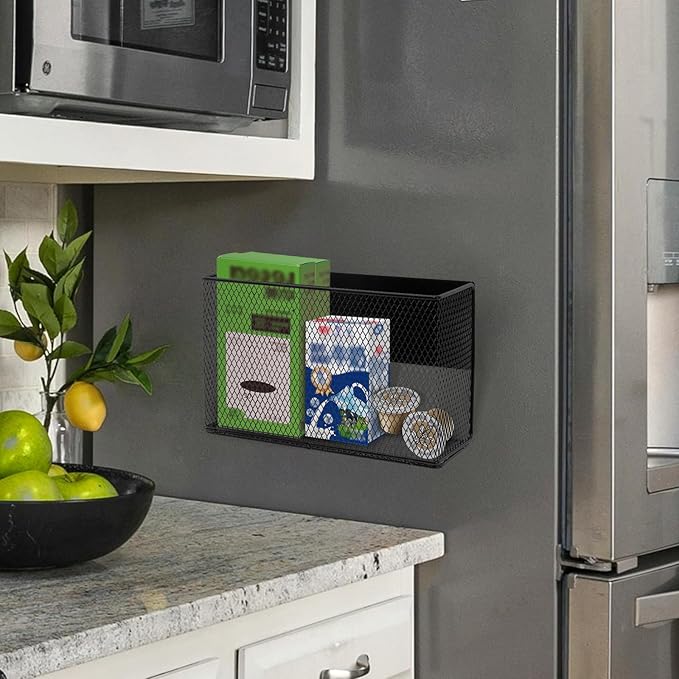 Black Magnetic Basket - Refrigerator Spice Rack & File Holder Locker Organizer - Wire Mesh Magnetic Shelf for Kitchen Storage