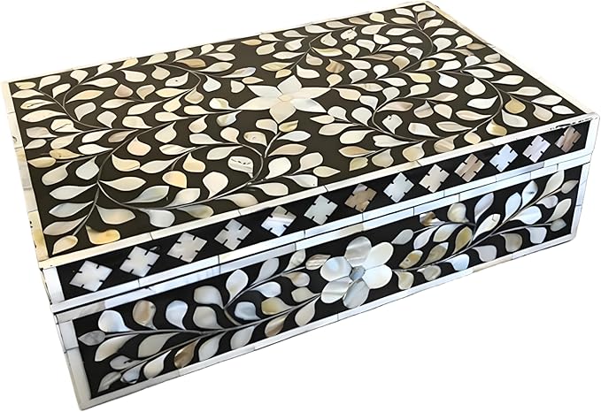 Decorative Wooden Storage Box with Mother of Pearl Inlay – Elegant Floral Design – Perfect for Home Décor in Living Room, Dining Area, or Bedroom (Black, 12x8x5 inches)
