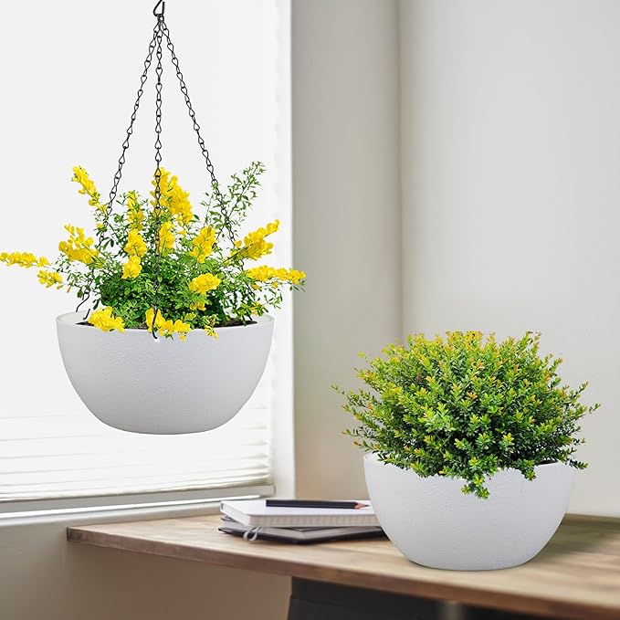 8 inch Small Hanging Planters for Indoor Outdoor Plants, 2 Pack Hanging Flower Pots with Drainage Holes and Chain for Garden Porch Plants, Plastic Hanging Baskets for House Plants, White