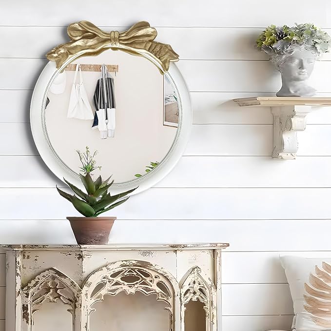 26x26 inch Bow Antique Mirrors for Wall, Round White and Gold Decorative Wall Mounted Mirror, Circle Antique Mirrors Suitable for Bedroom, Hallway, Living Room Decoration, Bathroom Sink