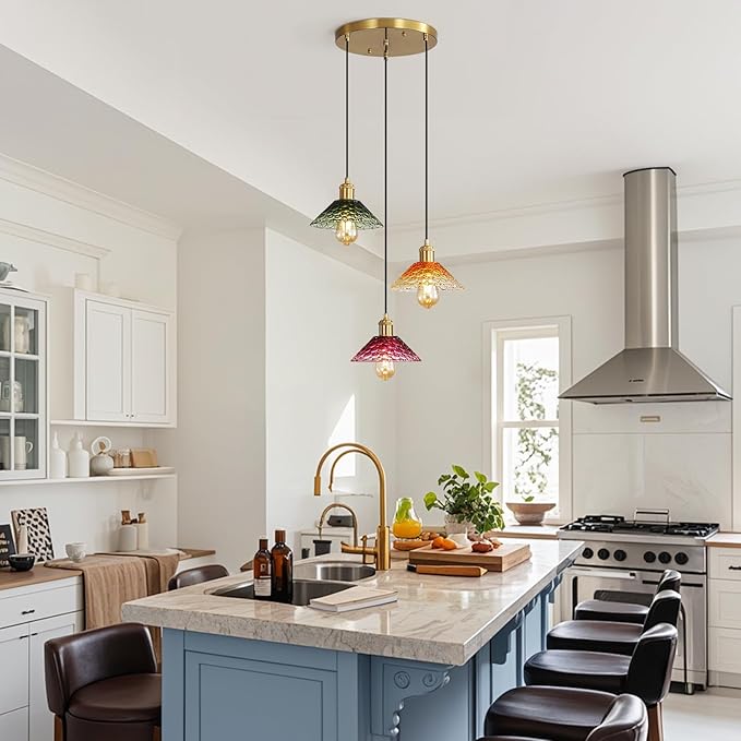 Glass Ceiling Chandelier,3-Light Colorful Hanging Pendant Light,Mid Century Modern Glass Pendant Light Fixture for Dining Room, Hallway, Living Room,Farmhouse,Kitchen Island