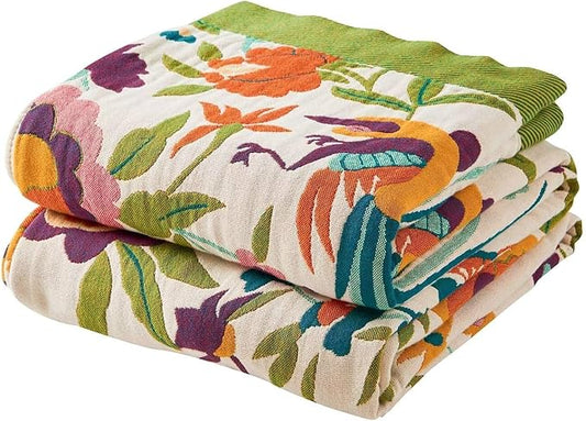 Boho Throw Blanket for Bed, 100% Cotton Soft Rustic Quilt Fall Blanket, 50"x60" Colorful Floral Printed Farmhouse Decor Bed Blankets, All Season Rustic Reversible Bohemian Throw Quilt