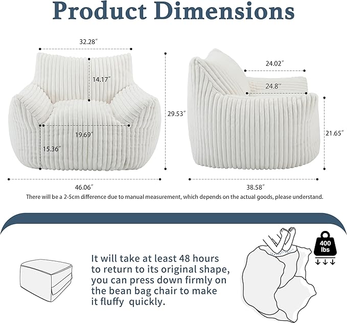 Giant Plush Bean Bag Chair for Adults with Armrests - Oversized Comfy Beige Beanbag Lounge Lazy Floor Sofa Accent Chair for Living Room, Bedroom & Dorm, Cozy Fluffy Single Cloud Mini Couch