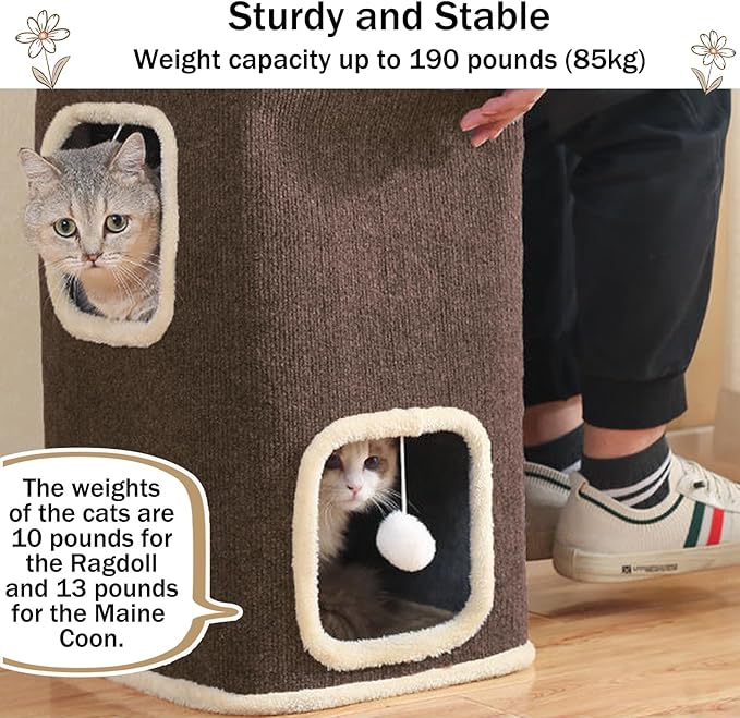 Empet Cat House for Indoor Cats Beds, Multi-Level Cat Condo, Foldable Cave Bed Brown, 2L