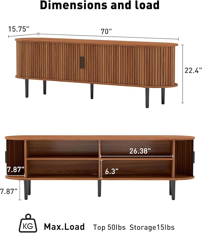 Bonzy Home 70" Mid Century Modern TV Stand, Tambour Entertainment Center with Storage, Long Media Console Television Stand with Metal Legs for up to 75'' TV, Walnut
