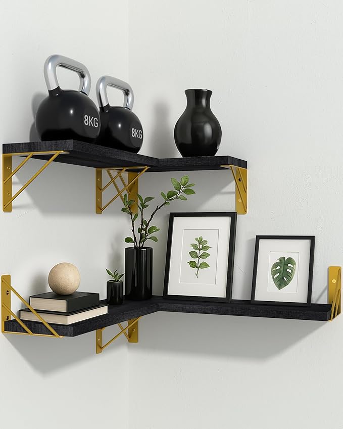 BAYKA Floating Shelves for Bedroom Decor, Wall Shelves for Storage, Wall Mounted Rustic Wood Floating Shelf for Books,Corner Shelf for Bathroom,Kitchen,Living Room(Black and Gold，Set of 4)