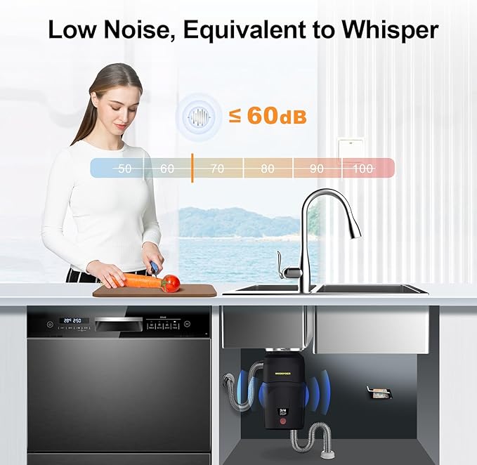 A600 Garbage Disposal 3/4 HP for Kitchen Sink, Food Waste Disposer Fast Continuous Feed Stainless Steel Grind, Quiet, Ease Install, With Power Cord, Powerful Drainage Compact Design 0.75 Horsepower