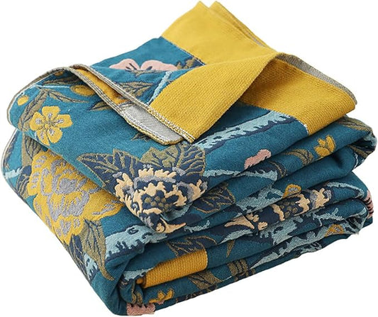 Boho Muslin Blanket for Adults 4-Layer Gauze Twin Size Soft Cozy 100% Cotton Summer Cooling Blanket Floral Decor for Sofa Bed Coverlet Both Sides (Flowr Branch Teal, Twin 60 x 80 in)