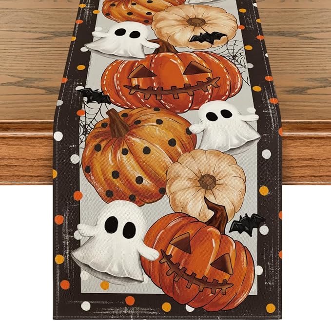 Artoid Mode Jack-O'-Lantern Pumpkin Ghost Spider Web Halloween Table Runner,Holiday Kitchen Dining Table Decoration for Home Party Decor 13 x 90 Inch