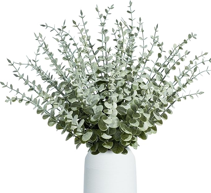 48Pcs Faux Eucalyptus Stems, 15" Artificial Eucalyptus Plants with White Frosted Coating, Fake Eucalyptus Decor Plastic Greenery Leaves for Wedding Bouquets Home Decor DIY Floral Arrangements
