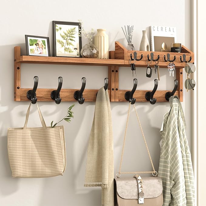 29" Coat Rack Wall Mount with Shelf, 4 in 1 Wall Mounted Coat and Key Hanger with 11 Hooks, Entryway Key Holder with Mail Holder for Living Room, Bedroom
