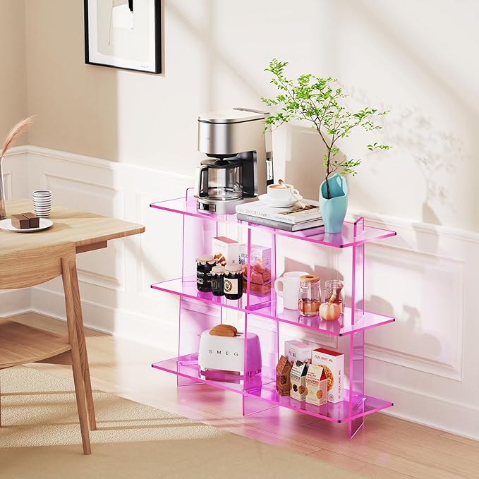 Acrylic Bookshelf, Small 3 Tier Open Bookcase for Small Spaces,Sofa Table, Hallway Entry Table for Home Living Room (Pink, 39.4'' x 11.8'' x 31.5'')