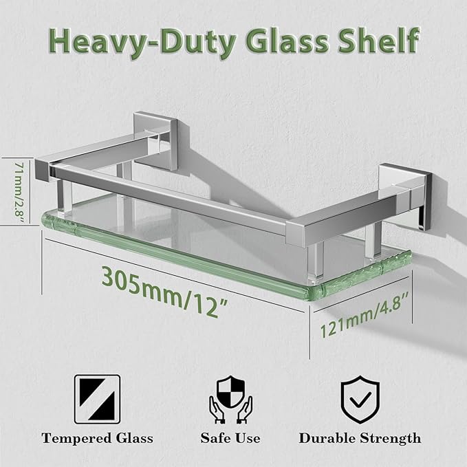 Alise Glass Shelves for Bathroom Wall, Tempered Glass Bathroom Shelf Wall Mounted, Modern Space Saving Floating Shelves 12 inch, Polished Chrome