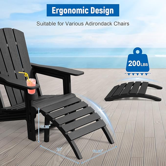 Adirondack Ottoman, HDPE Plastic Adirondack Footstool, All Weather Foot Rest for Adirondack Chair, Outdoor Footrest for Patio,Backyard, Lawn, Fire Pits, Black