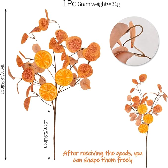 Eucalyptus Stems, 4PCS Artificial Lemon Stems Faux Citrus Branches Plastic Decor for Kitchen, Table Centerpieces, Entryway, Thanksgiving Wedding Party (Orange)