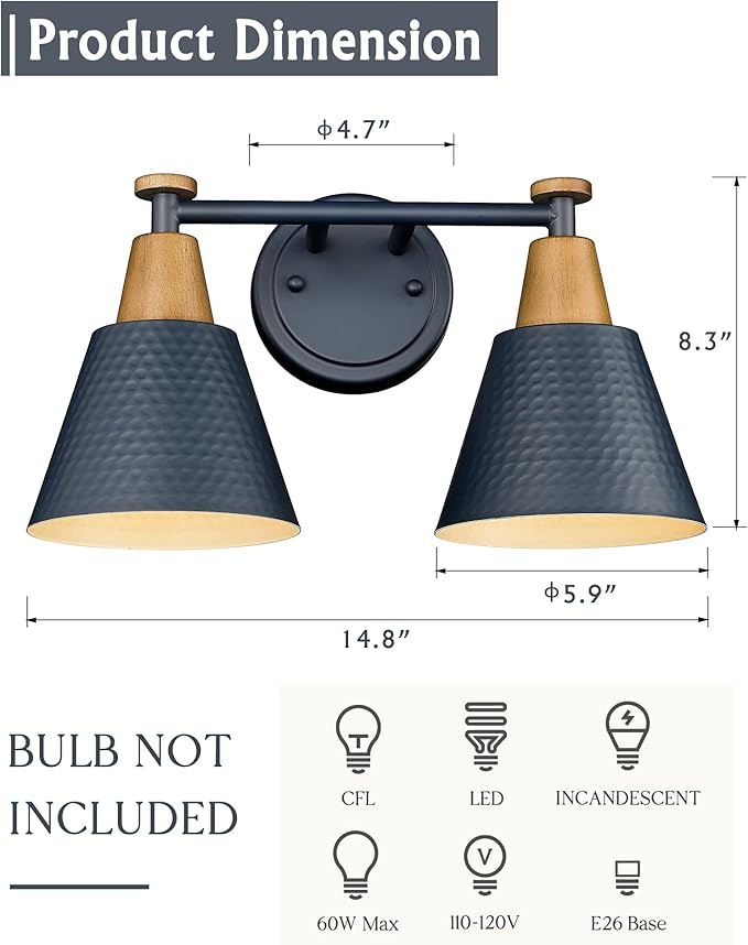 FEMILA 2-Light Bathroom Light Fixtures, Modern Bathroom Vanity Light with Hammered Metal Shade, Dark Blue Sconces Wall Lighting for Mirror Kitchen Bedroom, 4FG59B-2W Blue