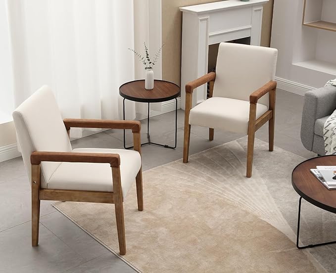 Kmax Modern Dining Chairs Set of 2 Linen Fabric Kitchen Arm Chairs Upholstered Accent Chairs with Wooden Legs for Dining Room, Living Room, Bedroom, White
