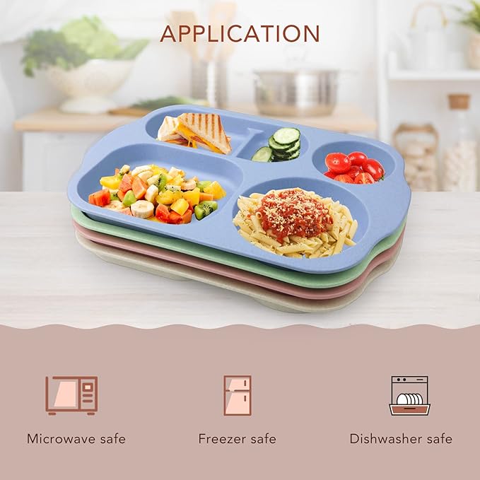 greenandlife 12 Inch (4PCS) Large Unbreakable Divided Plates for Kids Adults, Dishwasher & Microwave Safe Plate, Lightweight Reusable Plastic Compartment Plates, BPA Free and Healthy