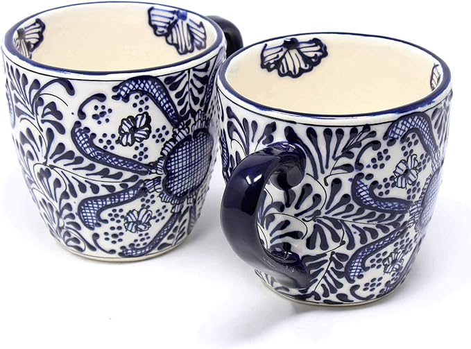 Encantada Handmade Hand-Painted Authentic Mexican Pottery Mugs (Cobalt Blue Flower X2)