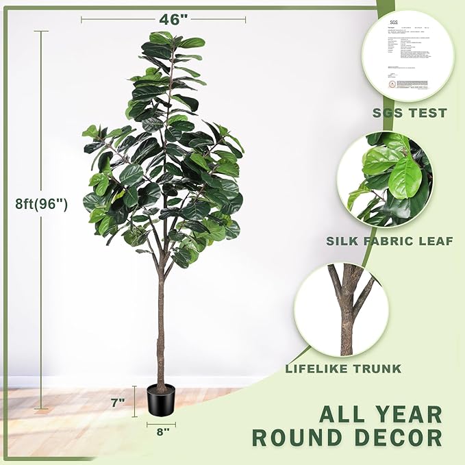 8ft(96in) Fiddle Leaf Fig Tree Artificial - Tall Faux Fiddle Leaf Fig Tree - Fake Fig Plant with Realistic Texture for Indoor Outdoor Modern Home House Office
