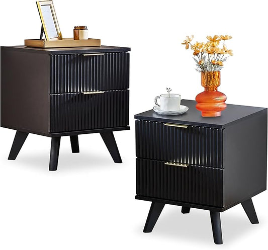 Fluted Nightstand Set of 2, Mid Century Modern 2 Drawer Dresser for Bedroom, Small Dresser Night Stand Side Table End Table with Wood Fluted Drawer Storage for Bedroom Closet(Black)