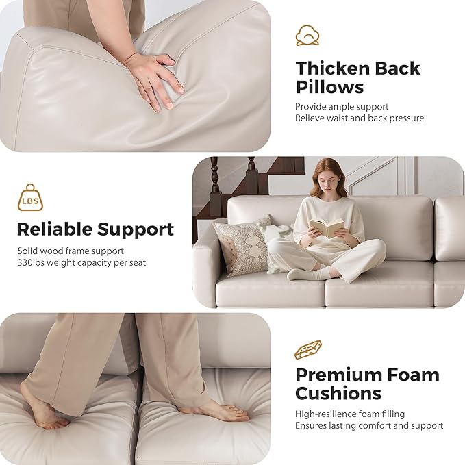 Faux Leather Oversized Accent Chair with Storage Deep Seat Single Sofa Large Reading Armchair for Living Room Bedroom Office Whitesand Set of 2