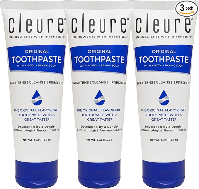 Cleure Original No Fluoride Toothpaste - SLS Free, Mint Free - with Xylitol for Fresh Breath & Helps Whiten - for Kids & Adults - Flavor Free (4oz Tube, Pack of 3)