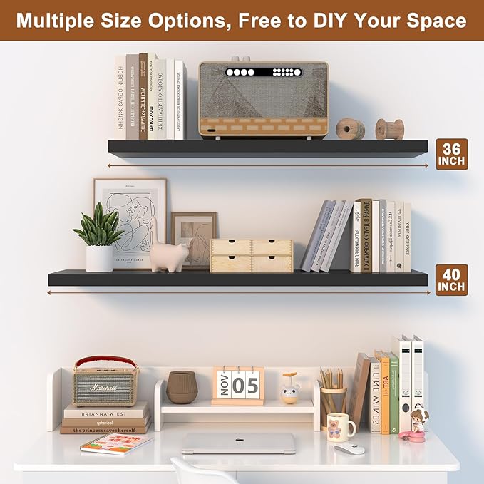 40 Inch Floating Shelf 1 Pack Large Floating Shelves for Wall No Drilling Accessories Included Deep Wall Shelves for Living Room Kitchen Farmhouse 40" W x 12" D x 1.2" Black