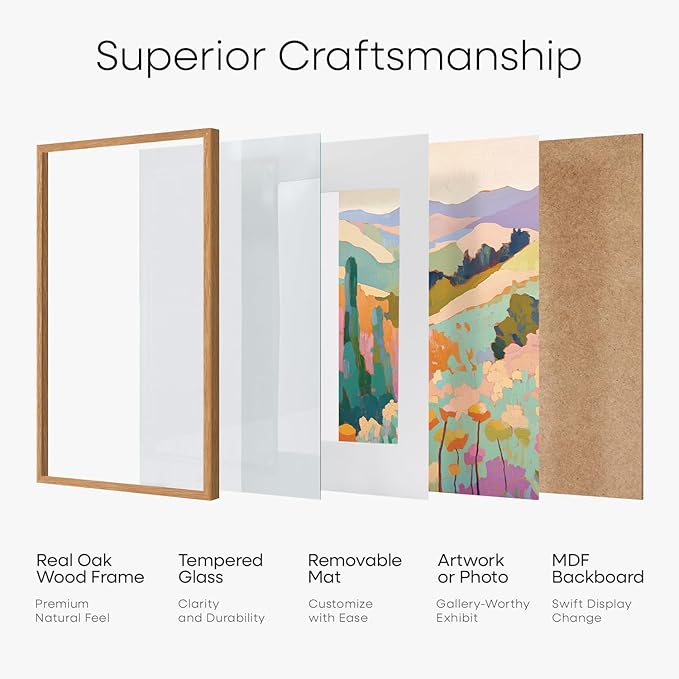Homeforia 20x28 Picture Frame Wood, High End Natural Oak 20 x 28 Light Wooden Poster Frame with Mat 14 by 22, 20x28 Frames Matted to 14x22 Photo, 28by20 Thin Frames, Tempered Glass, Wall Kit, Set of 1