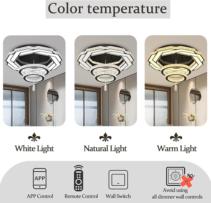Flashing God Dia 32" Modern Crystal Chandelier Crystal Black Ceiling Light Fixtures LED Flush Mount Ceiling Light for Living Room Bedrooms Dining Room Dimmable 2700k- 6000k