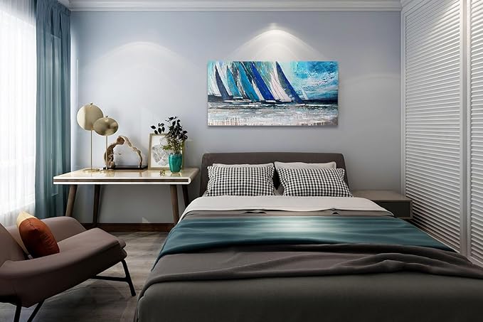Arjun Blue Abstract Wall Art Canvas Teal Ocean Sailboat Picture Modern Turquoise Coastal Nautical Painting Large 40"x20" Framed Textured Artwork for Living Room Bedroom Bathroom Home Office Wall Decor