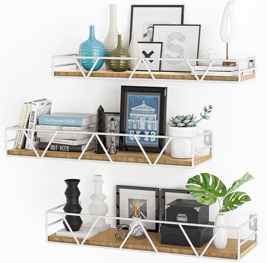 Floating Shelves Set of 3, Home Wood Wall Shelf, Farmhouse Shelf for Bedroom, Wall Mounted Floating Shelf for Living Room, Bedroom, Bathroom, Kitchen, Office (White)