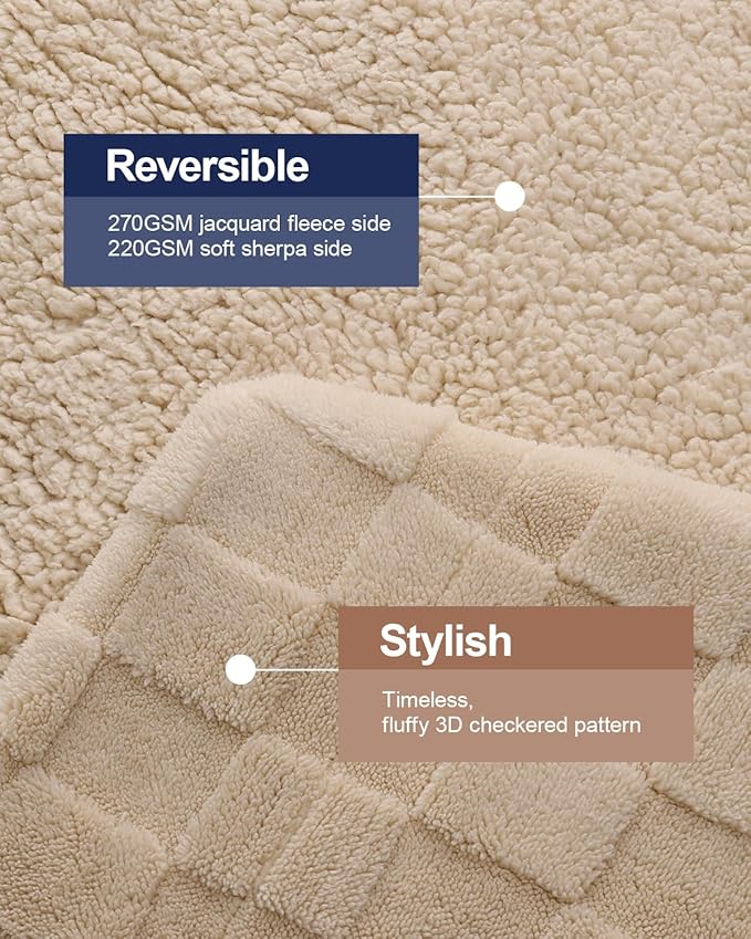 Pawque Super Soft Cozy Throw Blanket King Size for Couch Bed, Fluffy Sherpa Fleece Reversible Thick Warm Fuzzy Blanket for All-Season, 3D Checkered Jacquard Decorative Blankets, Khaki, 108"x90"