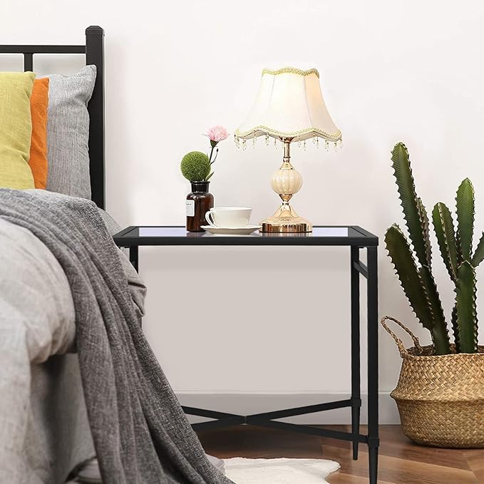 Black End Table, Rectangle Side Table with Mirrored Top, Modern Metal End Table, Small Narrow Side Table for Living Room, Balcony, 22" L x 12.4" W x 24" D