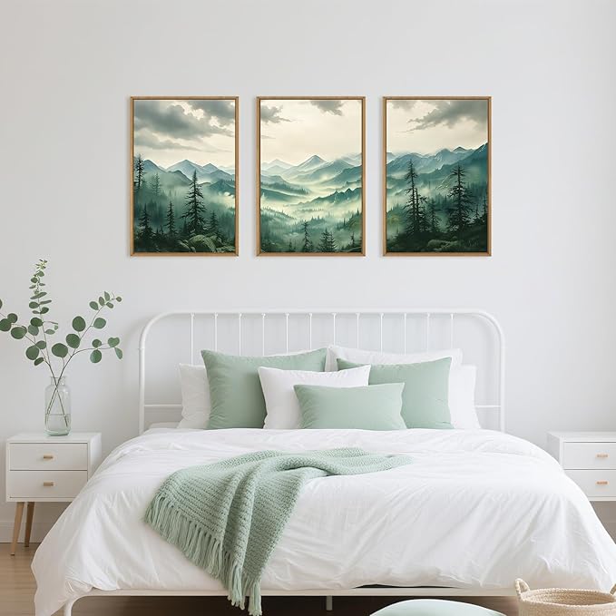 Celestdeco Green Foggy Mountain Framed Canvas Wall Art Set, Misty Forest Wall Decor, Watercolor Pine Tree Wall Painting, Large Nature Landscape Art Print for Living Room, Bedroom, Office - 24"X36"X3