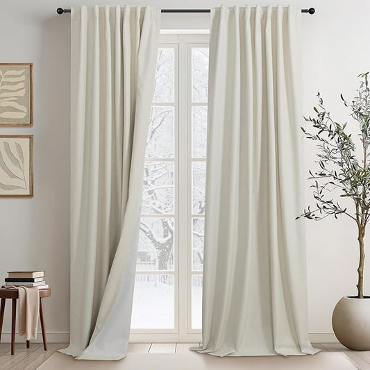 Country Farmhouse Style 94 Inch Curtains for Living Room Drape Back Tab Beige Linen Blackout Earthy Curtain Noise Reduction Light Blocking Cooling Window Treatment 2 Panel Burg Sunroom Bedroom 94 Long