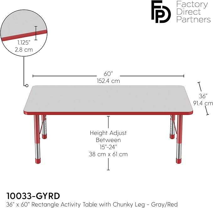 Factory Direct Partners FDP Rectangle Activity School and Classroom Kids Table (36 x 60 inch), Toddler Leg, Adjustable Height 15-24 inches - Gray Top and Red Edge
