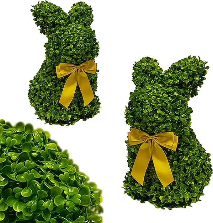 2 Pcs Artificial Bunny Shaped Topiary Trees, Artificial Green Boxwood Bunny Decorations with Gold Bow, Perfect for Indoor & Outdoor Front Porch, Easter& Garden Decor (Bunny Tree Without Base)