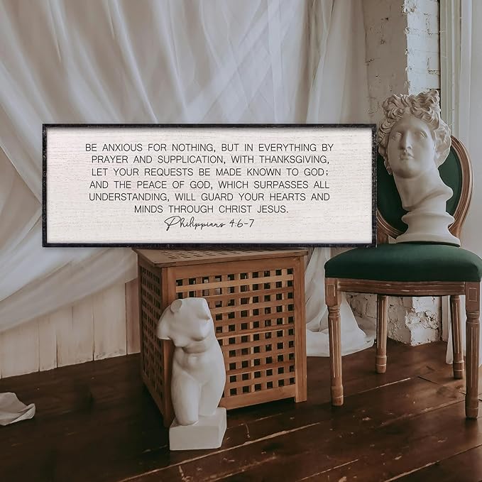 LuZhiQiang Be Anxious for Nothing Wall Decor 32"×12" Philippians 4:6-7 Bible Verse Sign Large Christian Scripture Wood Framed Hanging Decor (Black)