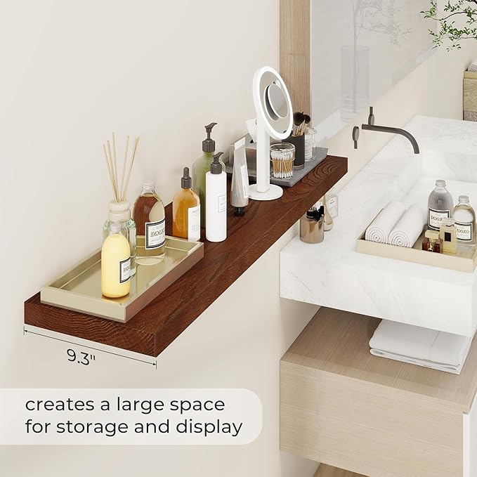 Fun Memories Solid Oak Wood Floating Shelves, 9.3 Inch Deep Natural Wood Shelf with Invisible Heavy Duty Bracket for Bathroom Bedroom Kitchen - 36inch Set of 2, Walnut