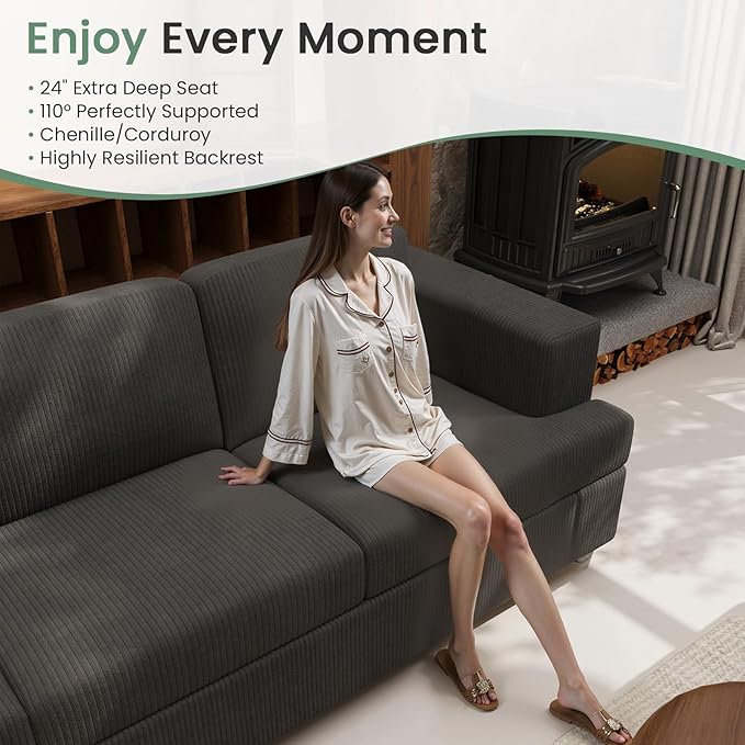 3 Seater Corduroy Couch for Living Room, 89” Black Cloud Sofa, Deep Seat Floor Couch for Bedroom, Futon Modern Sofa Sectional Bed, Black Corduroy