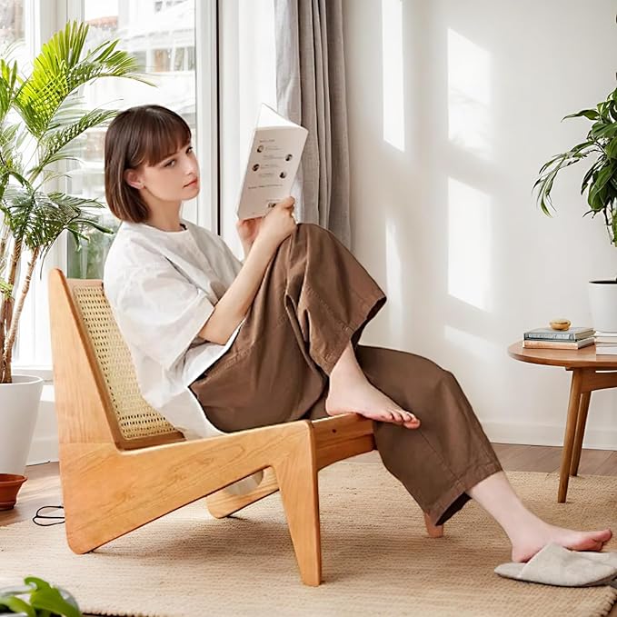Rattan Chair 2Pcs, Mid Century Modern Accent Chair, Leisurely Reading Chair for Living Room（Wood）