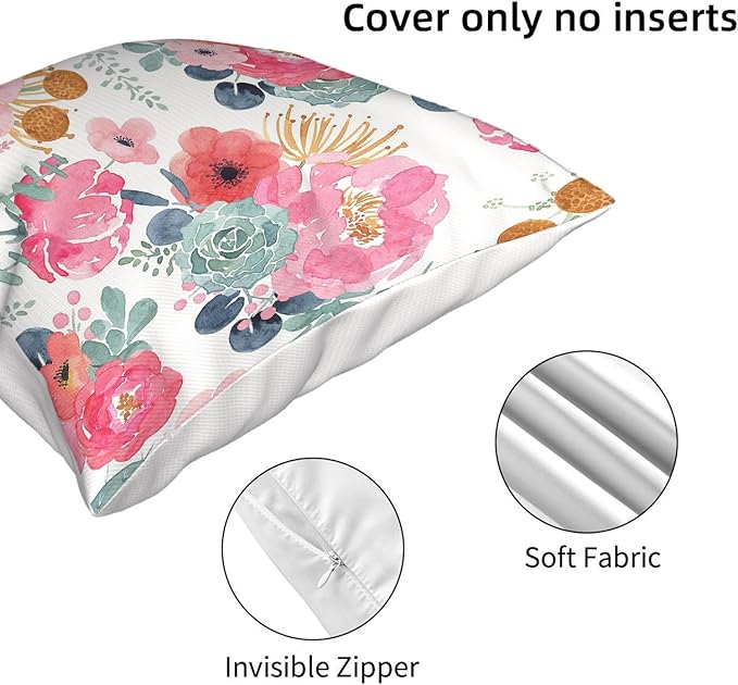 CXMEIFLY Spring Floral Pillow Covers 20 x 20 Inch Set of 2 for Watercolor Pink Flowers Decor Throw Pillows Green Leaves Plant Outdoor Decorative Cushion Cases with Zipper for Couch Bed Decorations