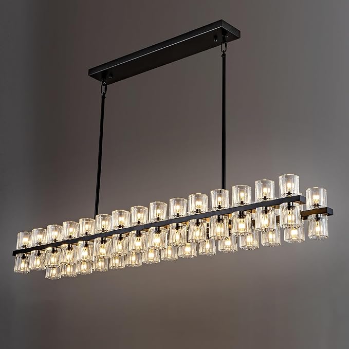 Crystal Black Rectangular Chandelier Light Fixture,54 in Dining Room Chandeliers Over Table,Modern Chandeliers For Living Room,Arcachon Chandelier,Kitchen Island Chandeliers Includes 60xG4 Bulbs