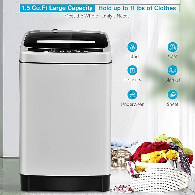 Giantex Full Automatic Washing Machine, 2 in 1 Portable Laundry Washer 1.5Cu.Ft 11lbs Capacity Washer and Spinner Combo 8 Programs 10 Water Levels Energy Saving Top Load Washer for Apartment Dorm