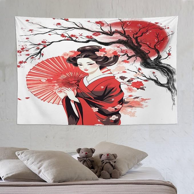 Japanese Red Geisha Tapestry Asian Cherry Blossom Traditional Kimono Folk Tapestries Home Decor for Living Room Bedroom Apartment Farmhouse Dorm 90"x60"