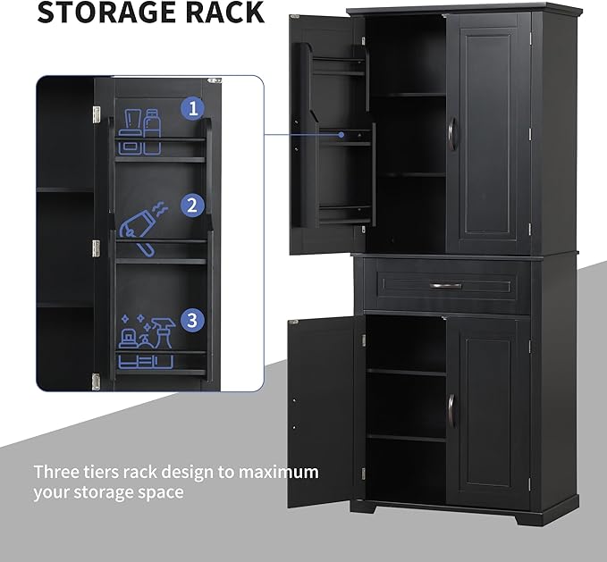 72.2" Tall Storage Cabinet with 4 Doors and Drawer, Freestanding Linen Cabinet, Wooden Pantry with Adjustable Shelf for Kitchen, Bathroom, Living Room Black