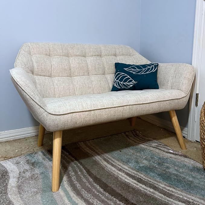 48”Small Loveseat Sofa, Modern Linen Upholstered Mini Couch 2-Seater Fluffy Love Seat with Quilting Backs and Wood Legs for Small Space Living Room, Bedroom, Beige