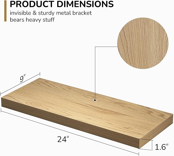 Fun Memories Floating Shelves - 24 Inch Rustic Wooden Wall Shelves - Extra Deeper & Thicker Wall Mounted Storage Shelf for Living Room, Kitchen, Farmhouse - 24" x 9" x 1.6" 2Pack, Oak